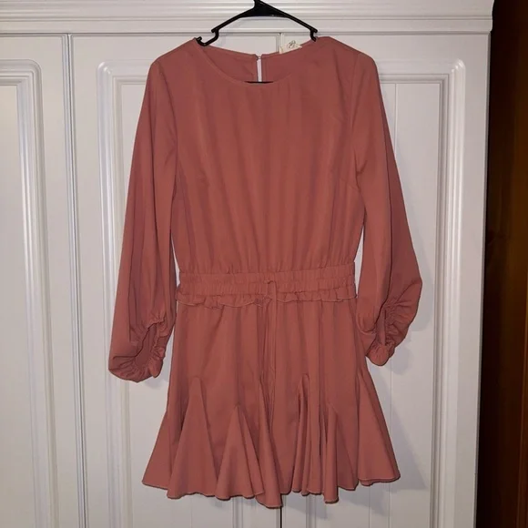 Mainstrip Peach Pink Long Sleeve Smocked Waist Ruffle Mini Dress – Size M - Picture 11 of 12
